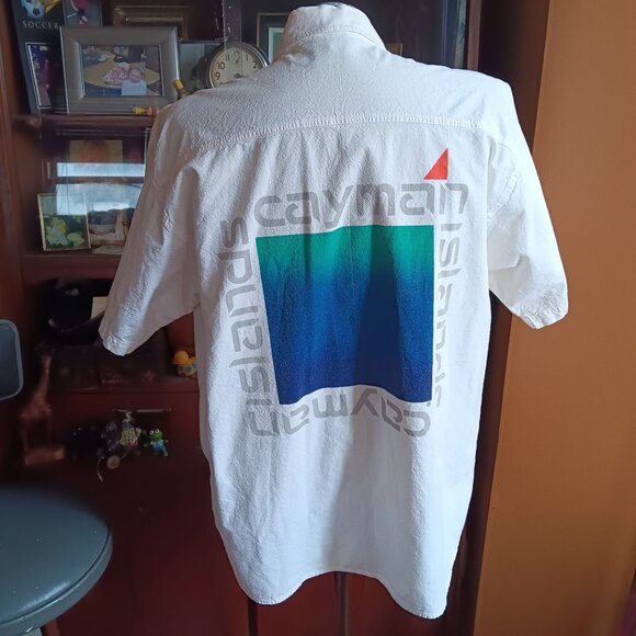 XL Vintage Cayman Islands Graphic Button-Up Beach Shirt P&R 100% Cotton 1990's - Picture 1 of 8